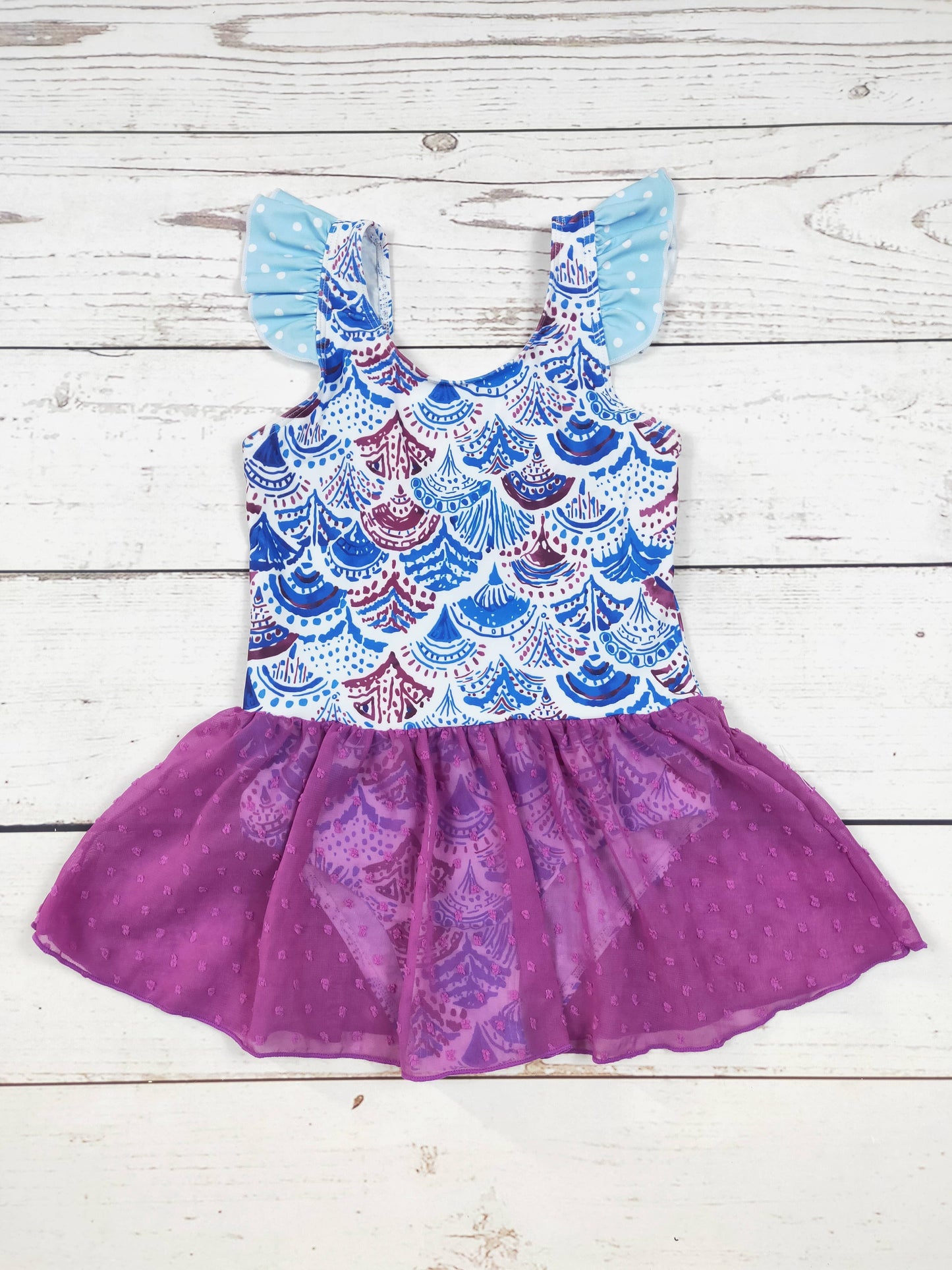Purple Scale Printed Girls Summer Swimwear: 5-6T
